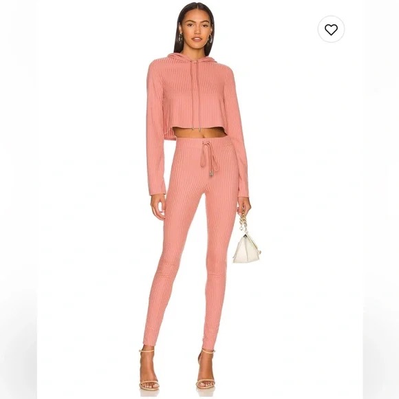 New Camila Coelho Ribbed Hoodie & Jogger Set In Dusty Rose